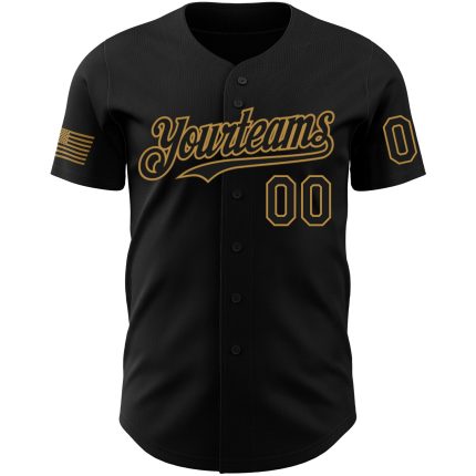 Personalized 3D Skull Patriotic American Flag Baseball Jersey - Black and Old Gold Personalized Black Old Gold 3D American