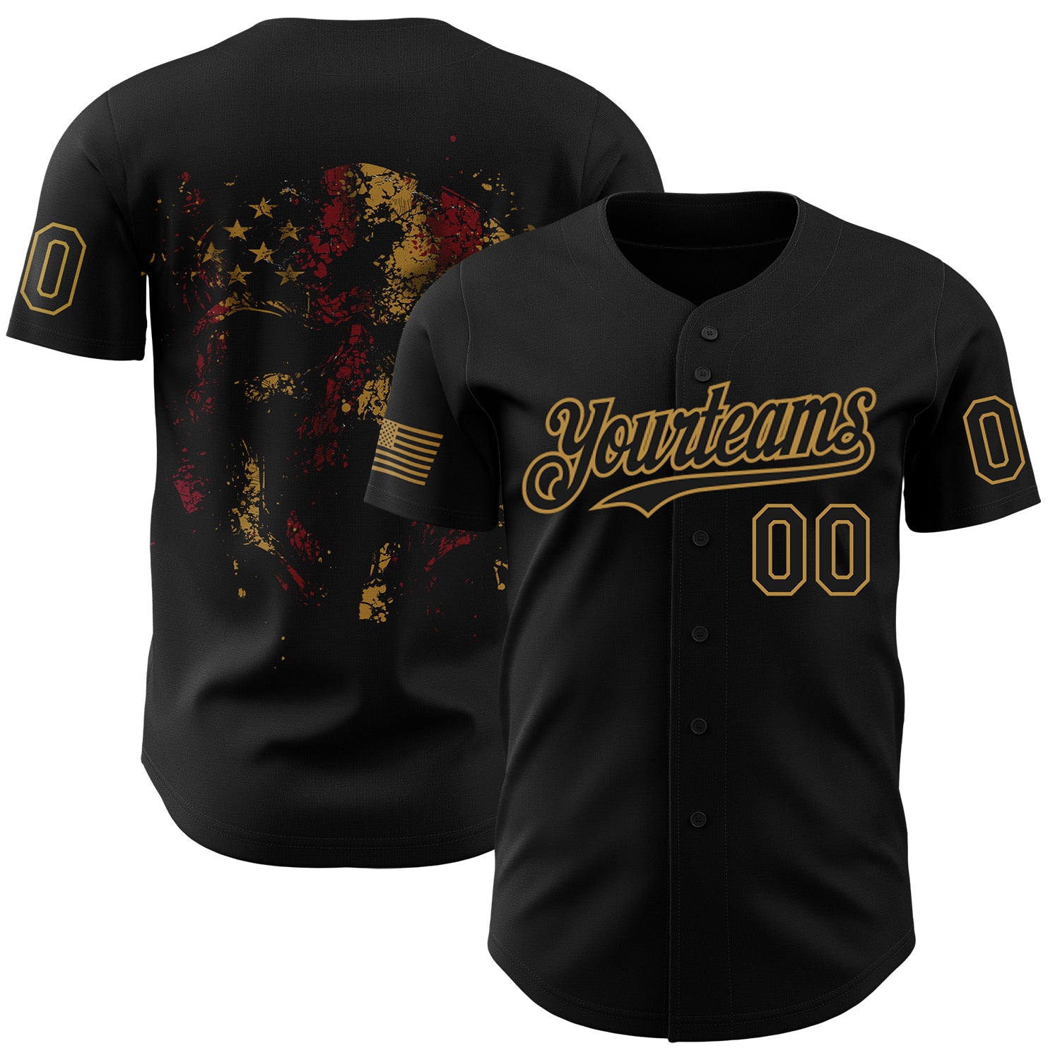 Personalized 3D Skull Patriotic American Flag Baseball Jersey - Black and Old Gold Personalized Black Old Gold 3D American