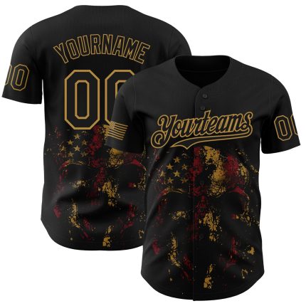 Personalized 3D American Flag Skull Baseball Jersey Black Old Gold Patriotic Personalized Black Old Gold 3D American Flag