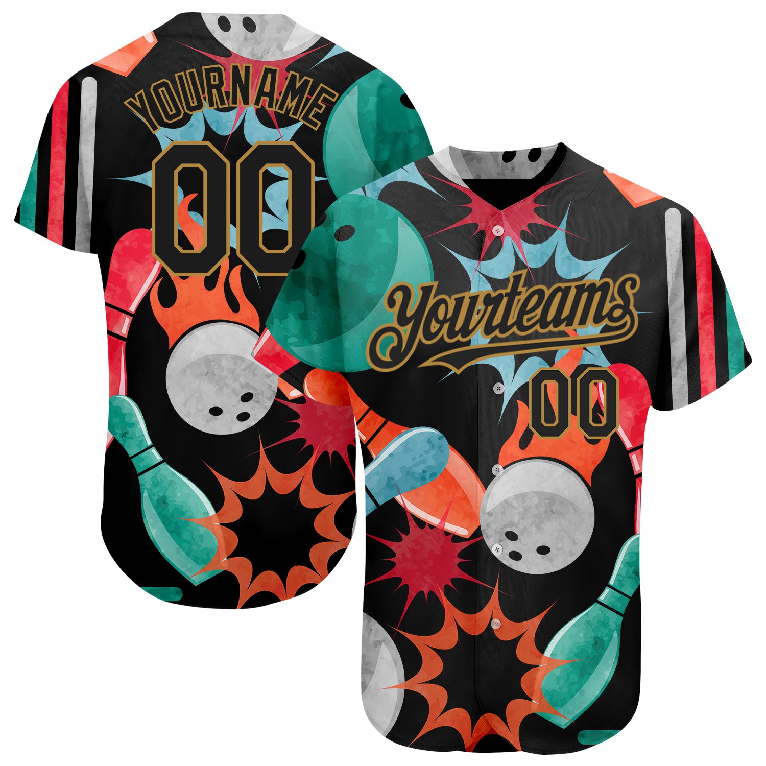 Custom Black Gold 3D Bowling Jersey - Personalized Baseball Jersey for Men and Women Personalized Black Old Gold 3D Bowling