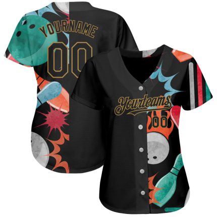 Custom 3D Bowling Baseball Jersey - Personalized Black Old Gold Design Personalized Black Old Gold 3D Bowling Baseball Jersey