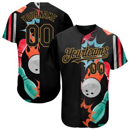 Custom 3D Bowling Baseball Jersey - Personalized Black Old Gold Design Personalized Black Old Gold 3D Bowling Baseball Jersey