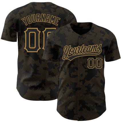 Personalized Black and Gold 3D Curve Lines Baseball Jersey for Men and Women Personalized Black Old Gold 3D Curve Lines Baseball