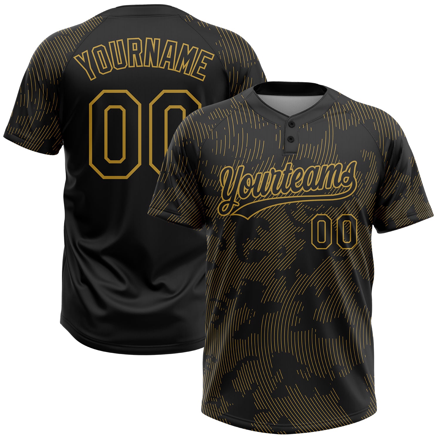 Personalized Black Gold 3D Curve Lines Unisex Softball Jersey - Two-Button Design Personalized Black Old Gold 3D Curve Lines