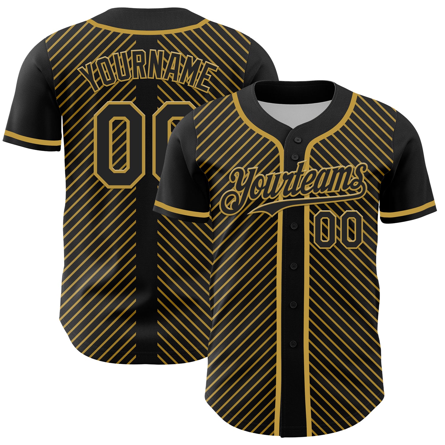 Personalized Black Old Gold 3D Baseball Jersey with Diagonal Stripes for Men Personalized Black Old Gold 3D Diagonal Stripes
