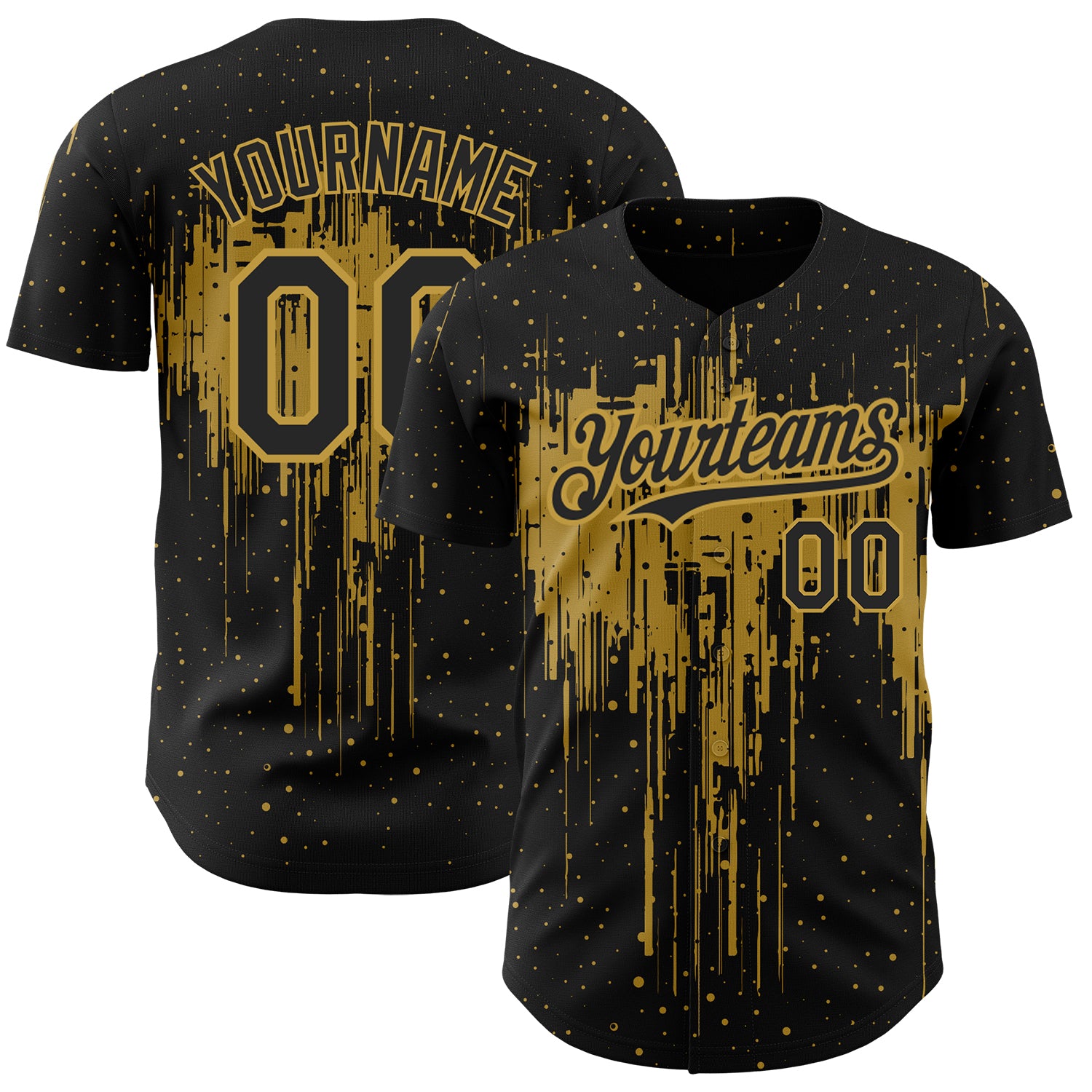 Personalized Black Gold 3D Dripping Splatter Art Baseball Jersey for Custom Style Personalized Black Old Gold 3D Dripping