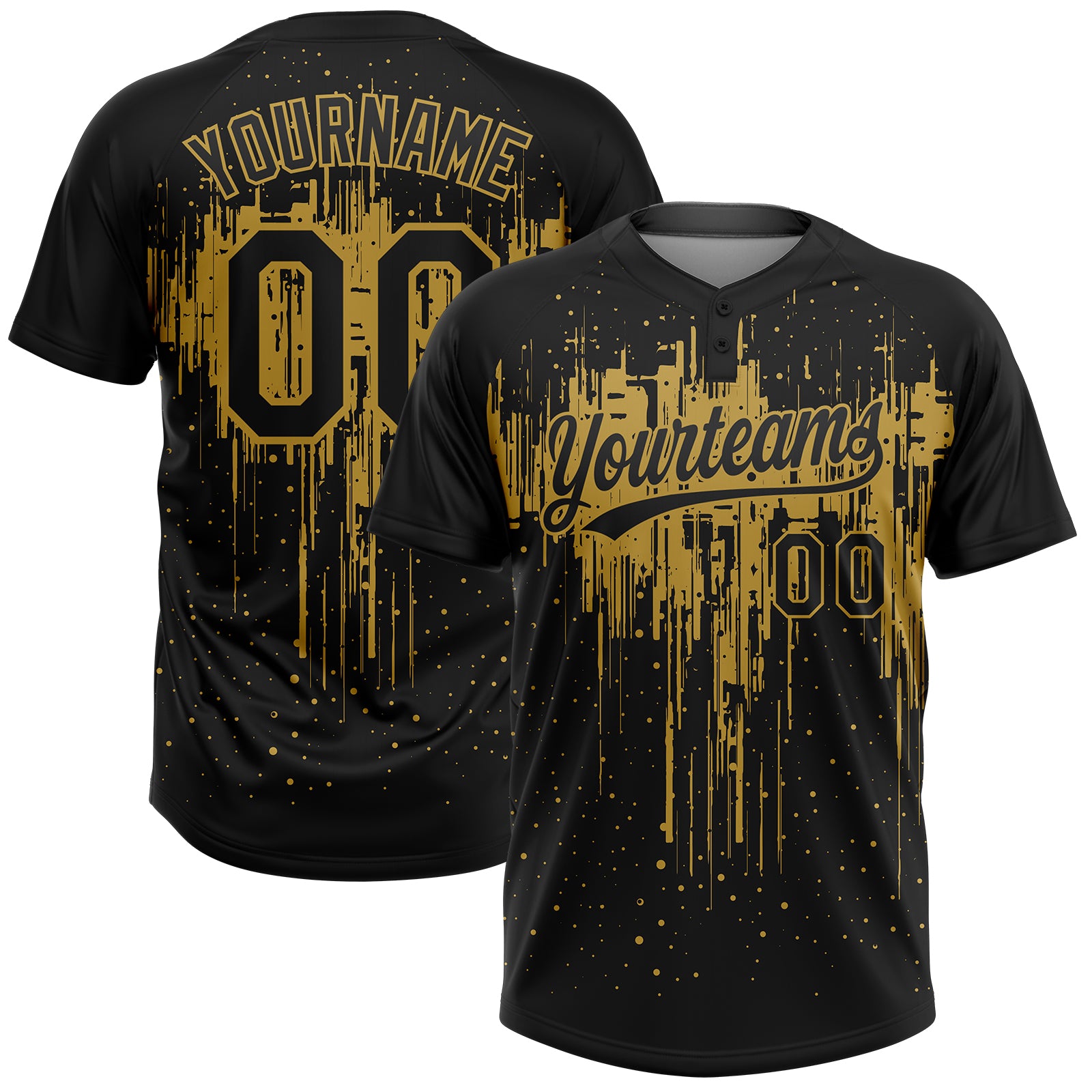 Personalized Black Gold 3D Dripping Splatter Softball Jersey Unisex Two-Button Personalized Black Old Gold 3D Dripping Splatter