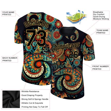Personalized 3D Floral Design Performance T-Shirt in Black with Old Gold Accents Personalized Black Old Gold 3D Floral Design