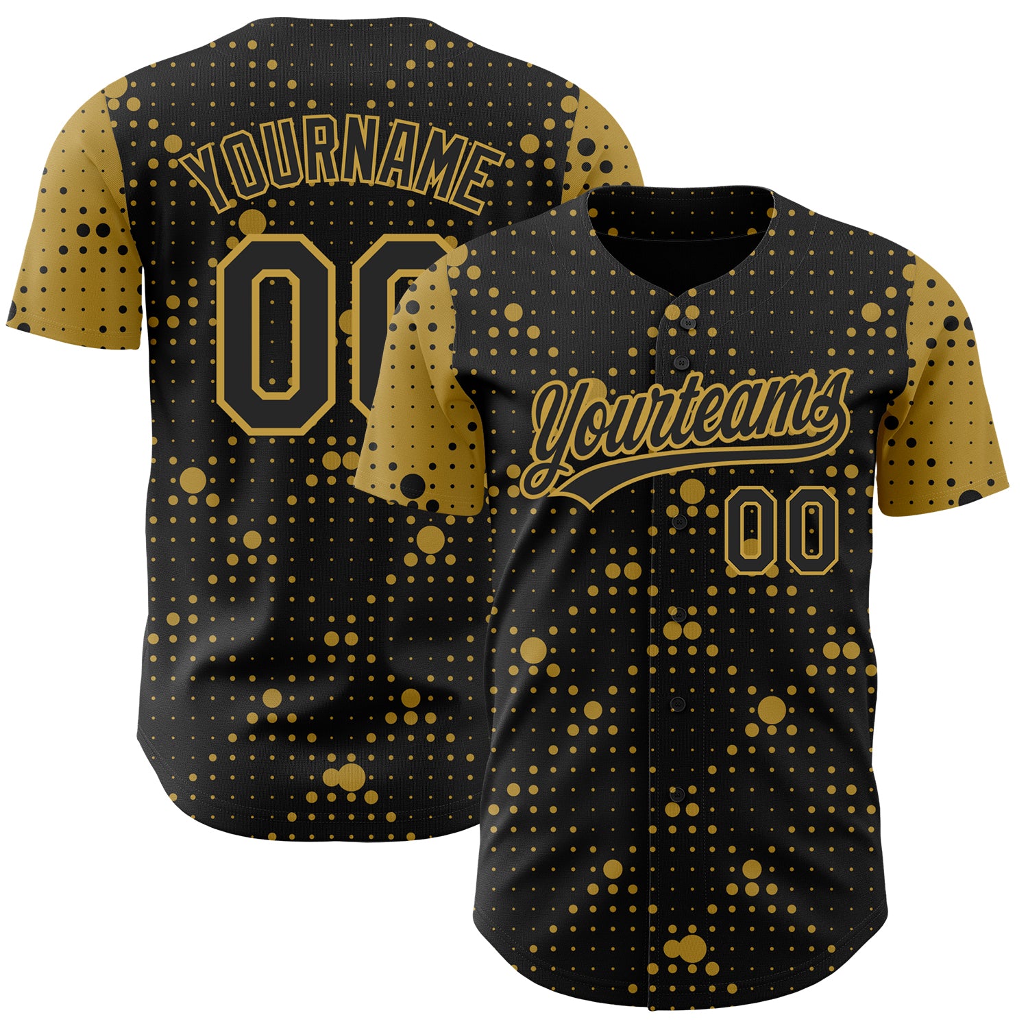 Personalized Black Gold 3D Geometric Dots Baseball Jersey for Men and Women Personalized Black Old Gold 3D Geometric Halftone