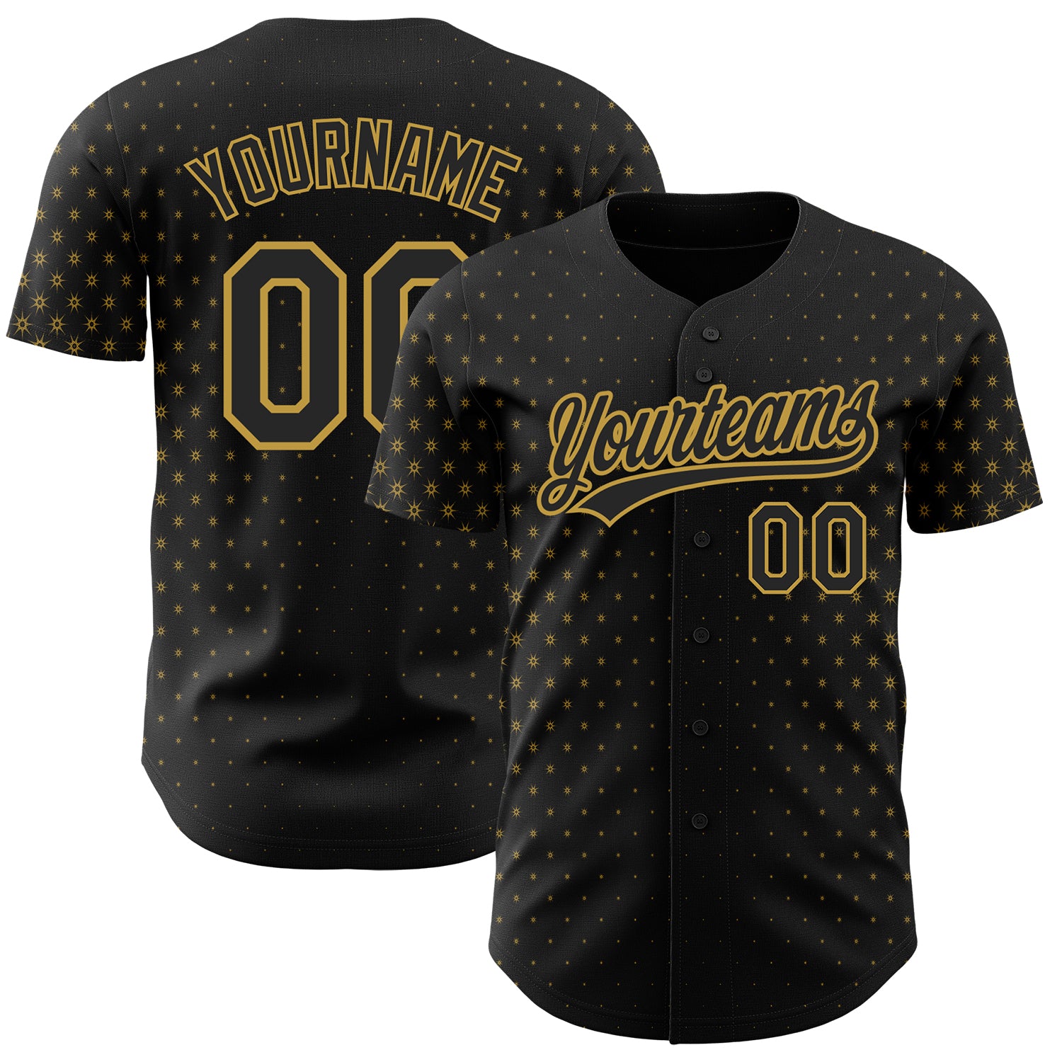Personalized 3D Geometric Stars Baseball Jersey in Black and Old Gold Personalized Black Old Gold 3D Geometric Stars Baseball