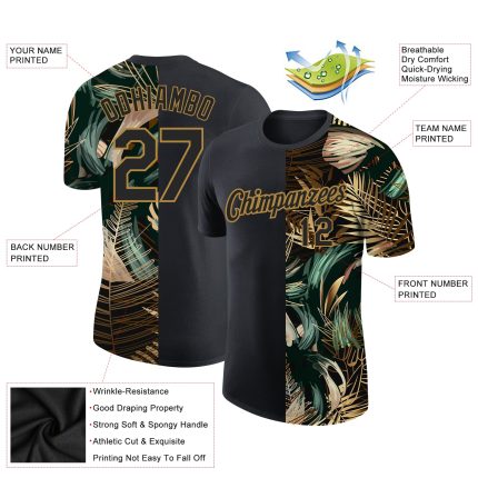 Personalized 3D Golden Green Tropical Leaves T-Shirt in Black, Jungalow & Hawaii Style Performance Tee Personalized Black