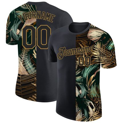 Personalized 3D Golden Green Tropical Leaves T-Shirt in Black, Jungalow & Hawaii Style Performance Tee Personalized Black