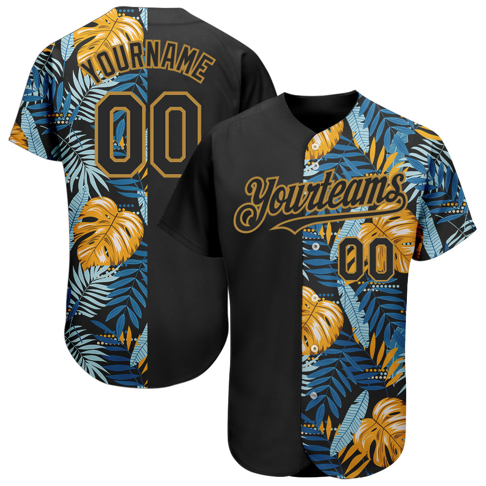 Personalized 3D Tropical Leaves Baseball Jersey - Black and Old Gold Personalized Black Old Gold 3D Hawaii Tropical Leaves