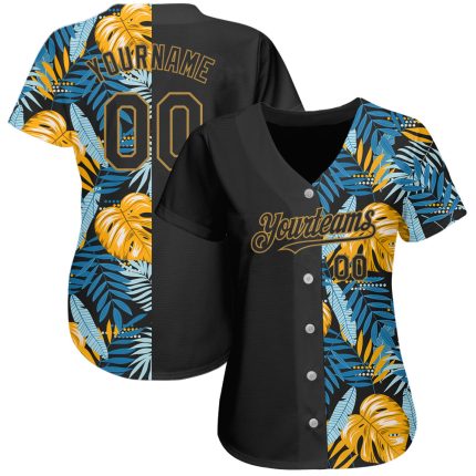 Personalized 3D Tropical Leaves Baseball Jersey - Black and Old Gold Personalized Black Old Gold 3D Hawaii Tropical Leaves