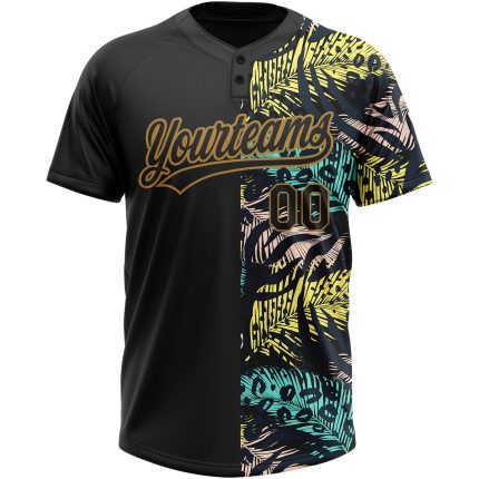 Personalized Tropical Palm Leaves Animal Print Black Gold Unisex Softball Jersey - 3D Two-Button Design Personalized Black