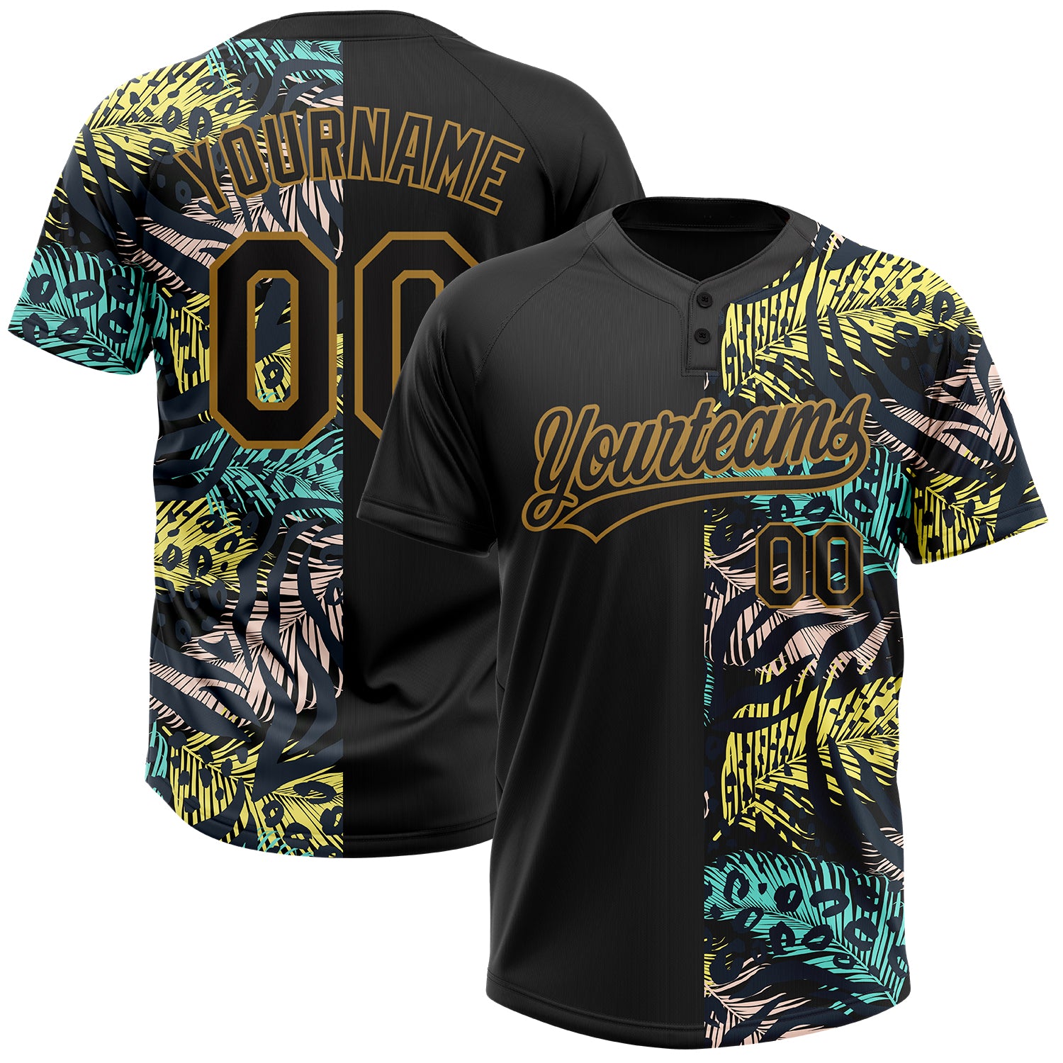 Personalized Tropical Palm Leaves Animal Print Black Gold Unisex Softball Jersey - 3D Two-Button Design Personalized Black