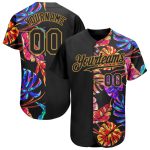 Personalized Black Old Gold 3D Hawaii Tropical Baseball Jersey with Palm Leaves Personalized Black Old Gold 3D Hawaii Tropical