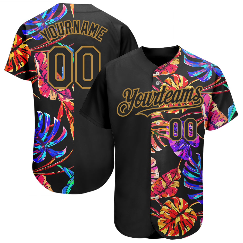 Personalized Black Old Gold 3D Hawaii Tropical Baseball Jersey with Palm Leaves Personalized Black Old Gold 3D Hawaii Tropical