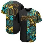 Personalized 3D Hawaii Tropical Palm Leaves Baseball Jersey - Black Old Gold Design Personalized Black Old Gold 3D Hawaii