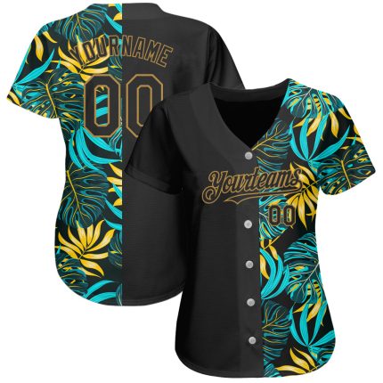 Personalized 3D Hawaii Tropical Palm Leaves Baseball Jersey - Black Old Gold Design Personalized Black Old Gold 3D Hawaii