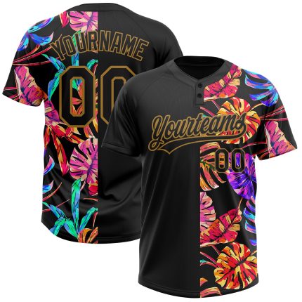Personalized Black Gold 3D Tropical Palm Leaves Softball Jersey Unisex Two-Button Design Personalized Black Old Gold 3D Hawaii