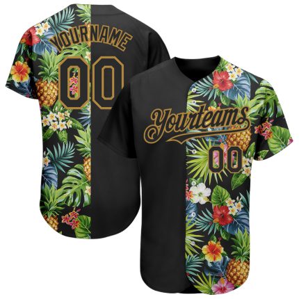 Personalized 3D Hawaii Tropical Pineapples Baseball Jersey - Black Old Gold with Palm Leaves and Flowers Personalized Black