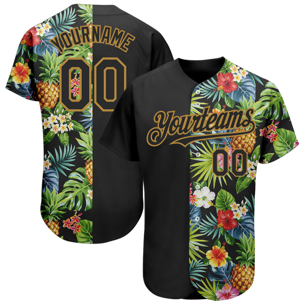 Personalized 3D Hawaii Tropical Pineapples Baseball Jersey - Black Old Gold with Palm Leaves and Flowers Personalized Black