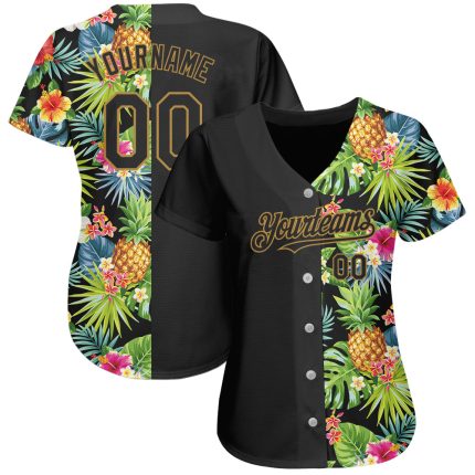 Personalized 3D Hawaii Tropical Pineapples Baseball Jersey - Black Old Gold with Palm Leaves and Flowers Personalized Black