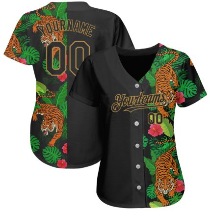 Personalized Tropical Tiger Baseball Jersey in Black and Old Gold, 3D Design Personalized Black Old Gold 3D Hawaii Tropical