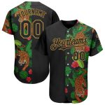 Personalized Tropical Tiger Baseball Jersey in Black and Old Gold, 3D Design Personalized Black Old Gold 3D Hawaii Tropical