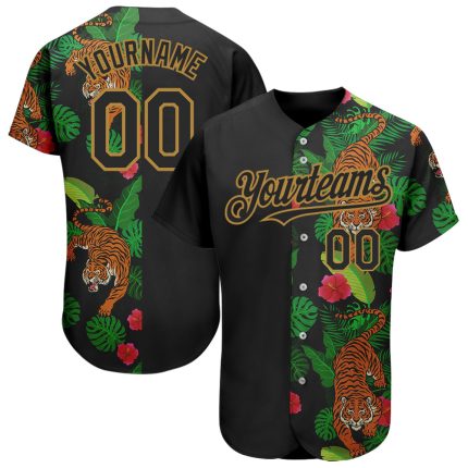 Personalized Tropical Tiger Baseball Jersey in Black and Old Gold, 3D Design Personalized Black Old Gold 3D Hawaii Tropical