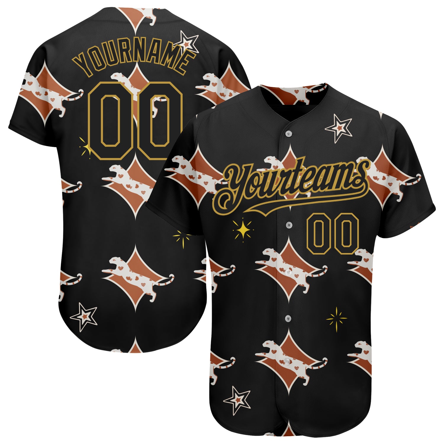 Personalized 3D Leopard Baseball Jersey in Black and Old Gold for Men Personalized Black Old Gold 3D Leopard Baseball Jersey