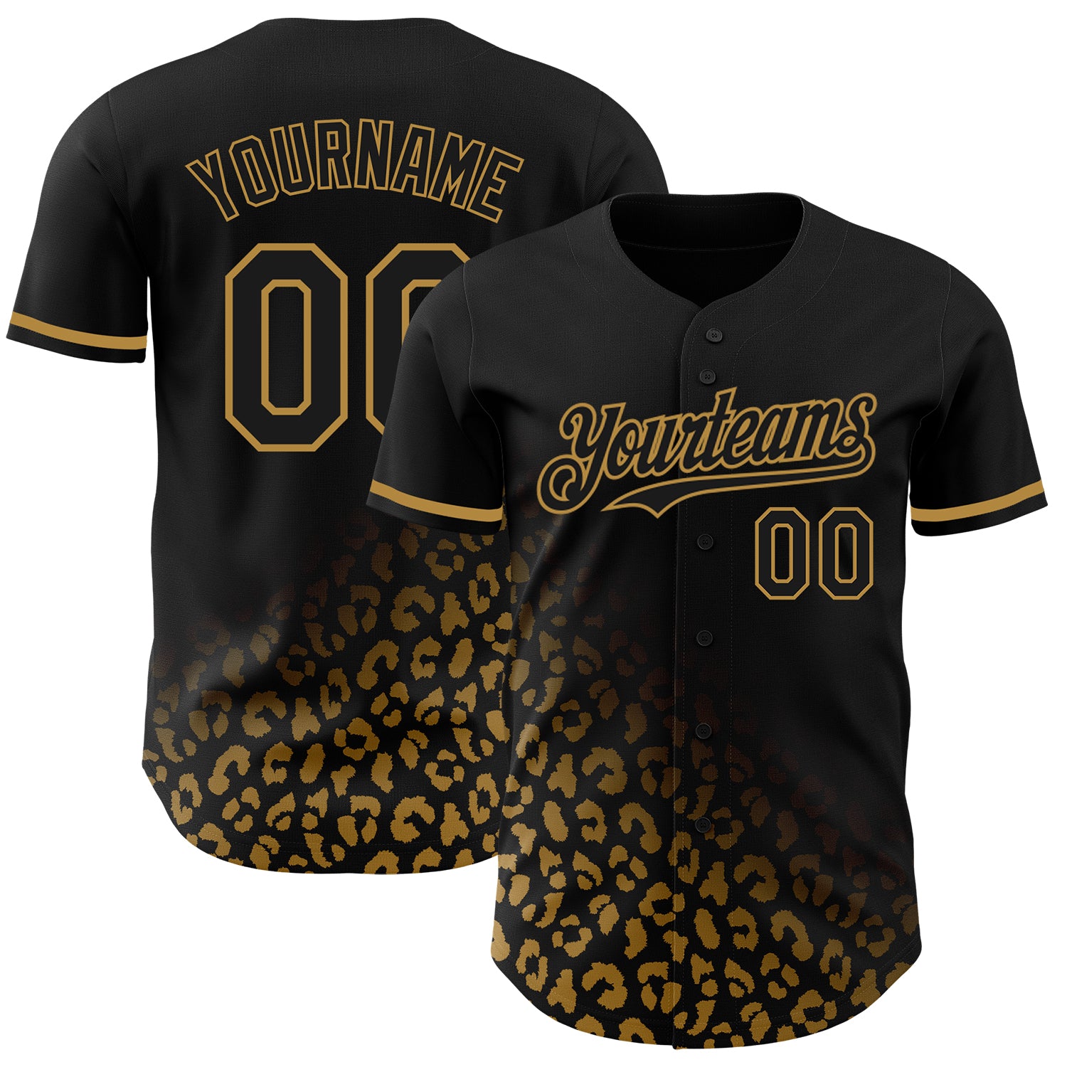 Personalized 3D Leopard Print Fade Baseball Jersey in Black and Old Gold Fashion Personalized Black Old Gold 3D Leopard Print