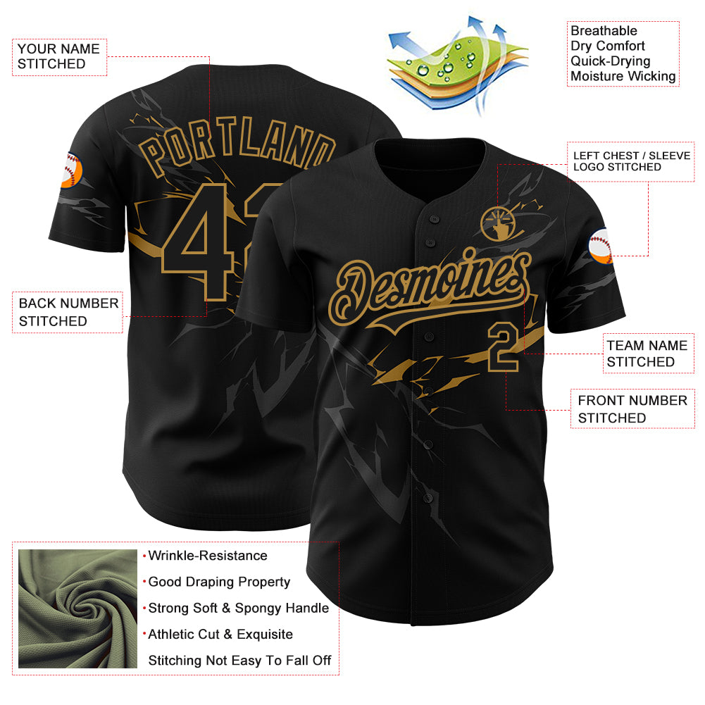 Personalized Black Old Gold 3D Lightning Baseball Jersey Personalized 3D Lightning Baseball Jersey - Black & Old Gold Design Personalized Black Old Gold 3D Lightning Baseball Jersey - Image 3