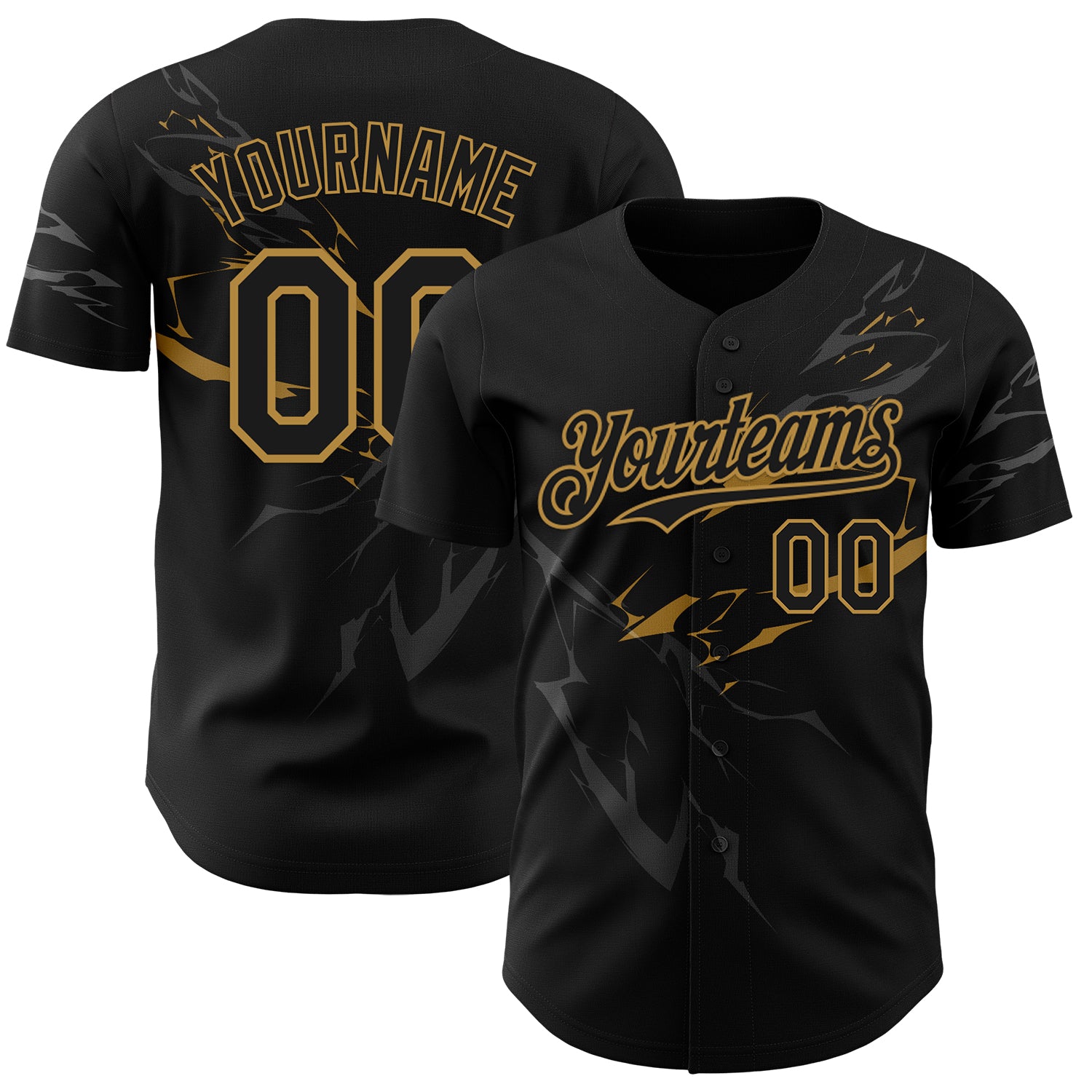 Personalized 3D Lightning Baseball Jersey - Black & Old Gold Design Personalized Black Old Gold 3D Lightning Baseball Jersey