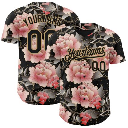 Custom Black Gold 3D Northeast China Flower Baseball Jersey - Personalized Style Personalized Black Old Gold 3D Northeast