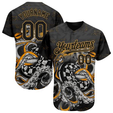 Personalized Black Gold 3D Octopus Baseball Jersey for Dart Board Players Personalized Black Old Gold 3D Octopus Wrapped