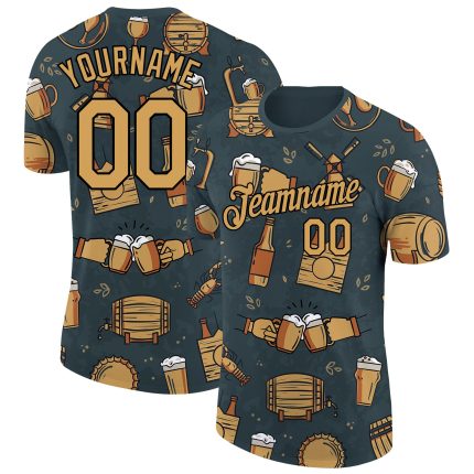 Custom Oktoberfest Beer Festival T-Shirt - Black and Old Gold 3D Performance Tee Personalized Black Old Gold 3D Oktoberfest