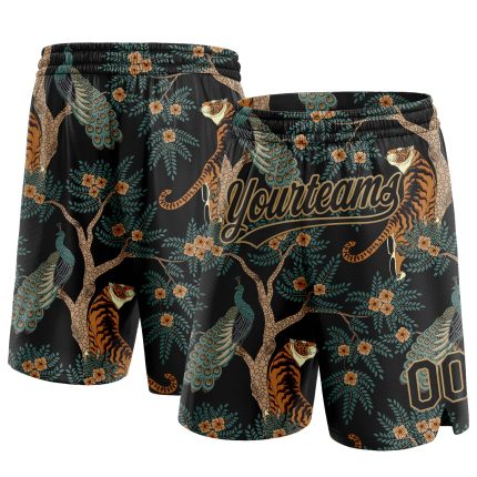 Custom Name Number Basketball Shorts, Personalized Black Gold 3D Tiger Peacock Design, Authentic Team Gear Personalized Black