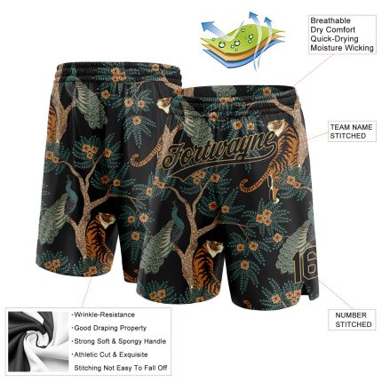 Custom Name Number Basketball Shorts, Personalized Black Gold 3D Tiger Peacock Design, Authentic Team Gear Personalized Black