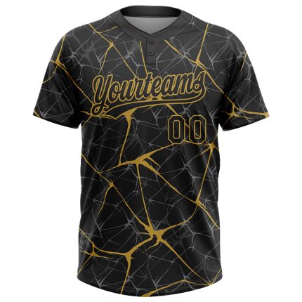 Custom Name and Number Softball Jersey - Personalized Unisex 3D Pattern Black and Old Gold Two-Button Design Personalized