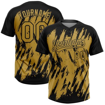 Custom Name & Number Two-Button Unisex Softball Jersey - Personalized Black & Gold 3D Pattern Sharp Shape Personalized Black