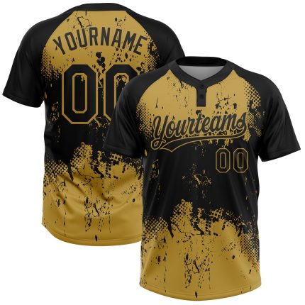 Custom Name & Number Softball Jersey - Personalized Black & Gold 3D Abstract Grunge Pattern Unisex Two-Button Design Personalized