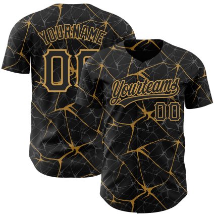 Customizable Black and Old Gold 3D Pattern Abstract Baseball Jersey with Name and Number - Authentic Team Apparel Personalized