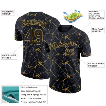 Custom Name and Number Performance T-Shirt, Personalized Black and Gold 3D Abstract Network Design Personalized Black Old