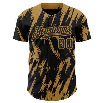 Custom Name and Number Baseball Jersey, Personalized Black and Old Gold 3D Abstract Sharp Shape Design Personalized Black