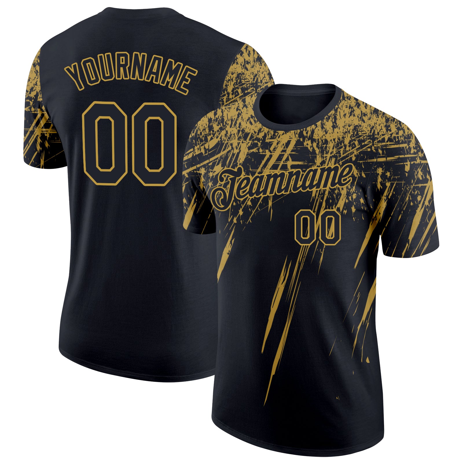 Personalized 3D Pattern Performance T-Shirt in Black Old Gold Abstract Design with Sharp Shape Personalized Black Old Gold