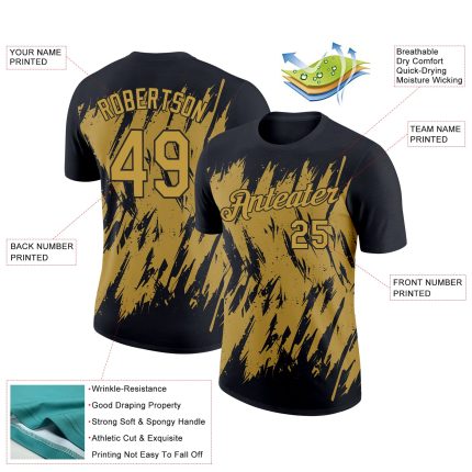 Custom Name and Number Performance T-Shirt - Personalized Black and Old Gold Abstract 3D Sharp Pattern Design Personalized