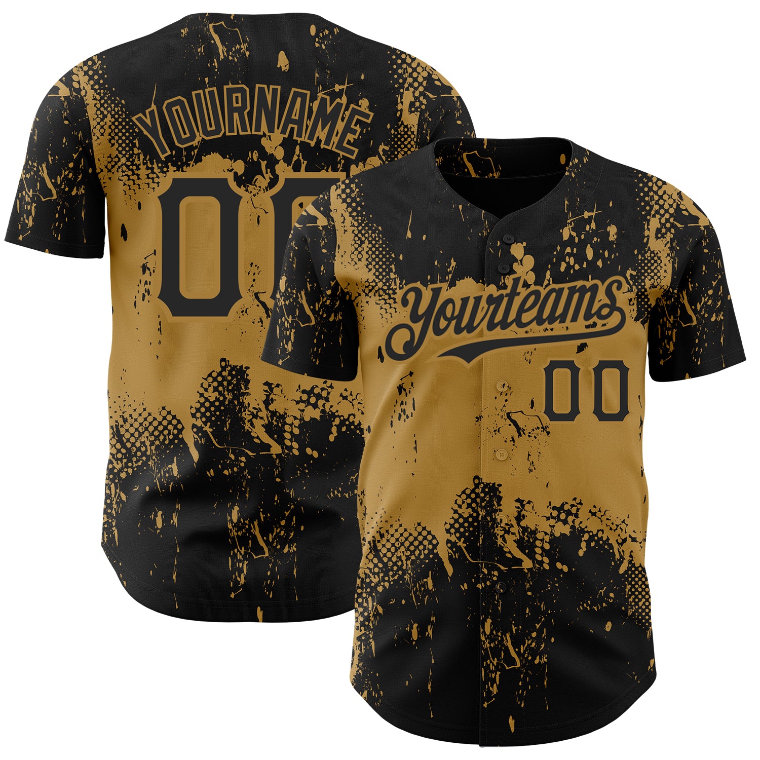 Custom Name and Number Personalized Black Gold 3D Grunge Art Baseball Jersey - Unique Abstract Splatter Design Personalized