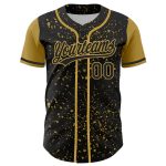 Custom Name and Number Personalized Baseball Jersey with Black and Gold 3D Pattern Splatter Design Personalized Black Old